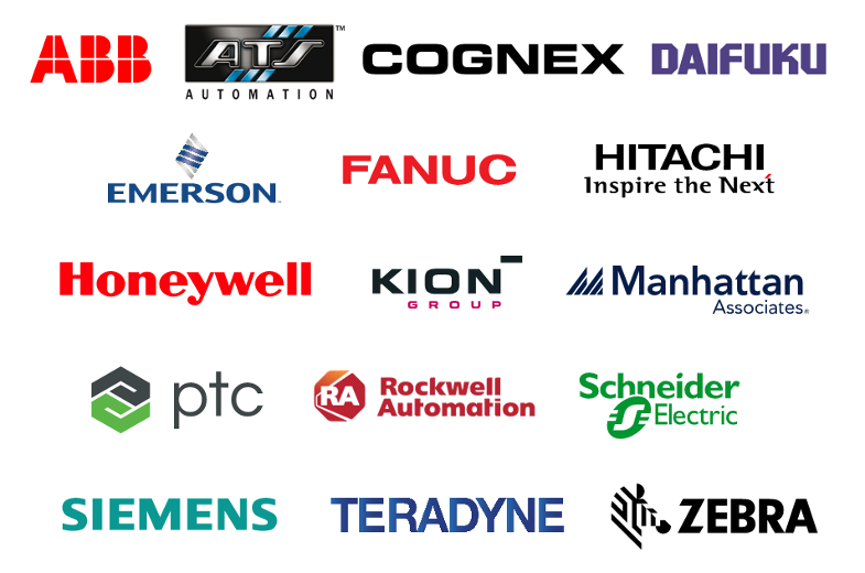 Various automation related company logos.