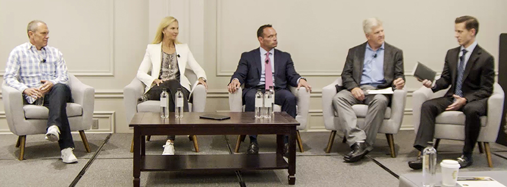 From left to right: Carl Daikeler, CEO of Beachbody; Tess Roering, CCO of Core Power Yoga; Chris Rondeau, CEO of Planet Fitness; Bruce Edwards, COO of Crossfit; Jonathan Komp, Baird Senior Equity Research Analyst.