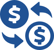 Icon with dollar signs in circles accompanied by arrows.