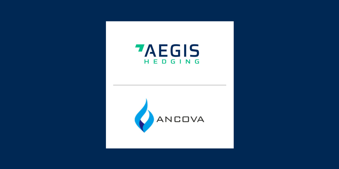 Aegis Hedgin and Ancova logos on blue background.