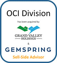 Card with the words and logos, 'OCI Division has been acquired by Grand Valley Holdings & Gemspring, Sell-Side Advisor'