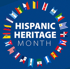Flags of Hispanic countries circling the text Hispanic Hertiage Month.