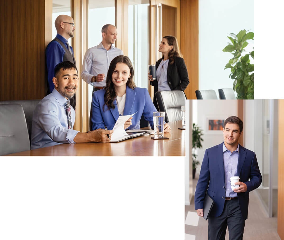 Two images featuring several Corporate Resource Group associates in office settings