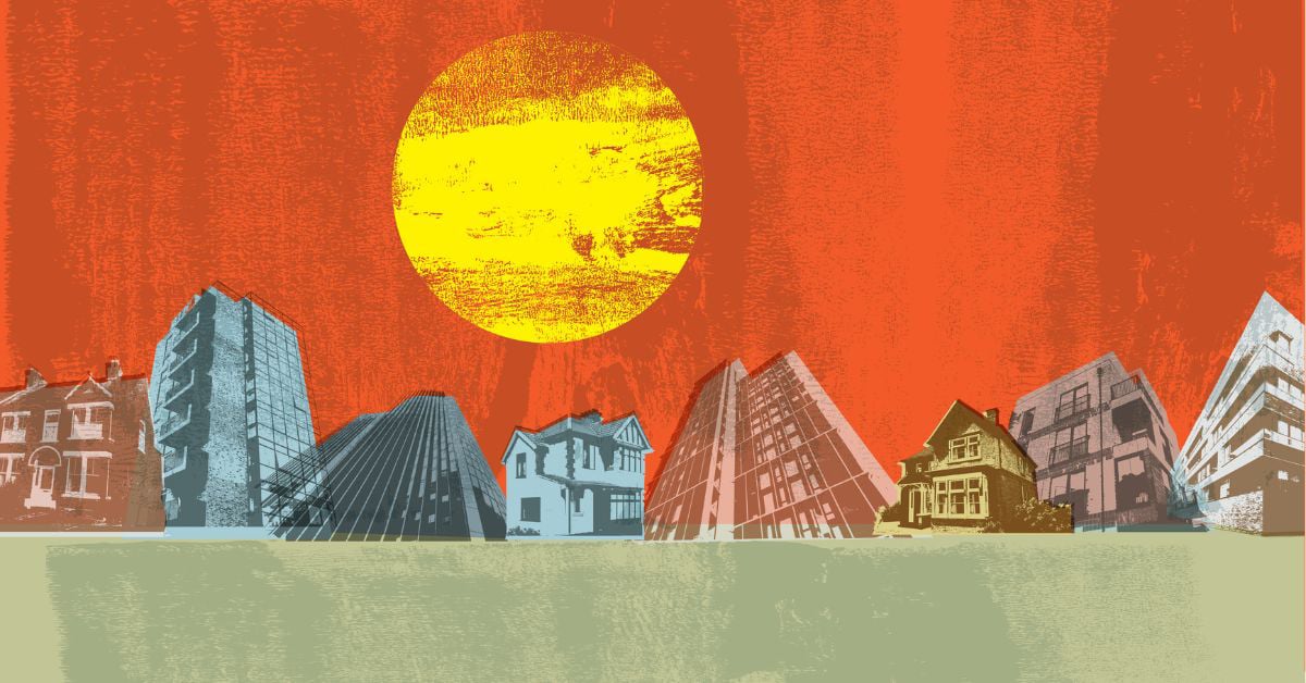 Sketch of a city skyline with a yellow sun and orange sky
