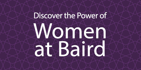 Textured purple background with the words, "Discover the Power of Women at Baird"
