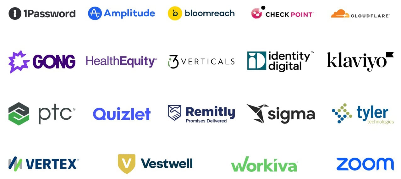 Grid of technology and fintech company logos, including security, analytics, workflow, and digital services brands.
