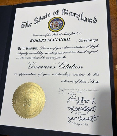 Bob Manankil's Governor's Citation award from the State of Maryland