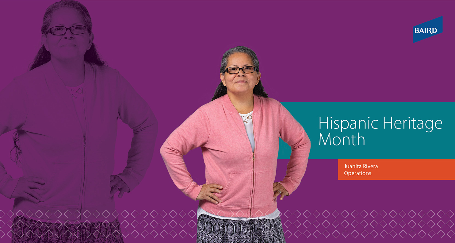 A Hispanic woman standing against an abstract, purple background next to the words, "Hispanic Heritage Month" and caption, "Juanita Rivera, Operations".