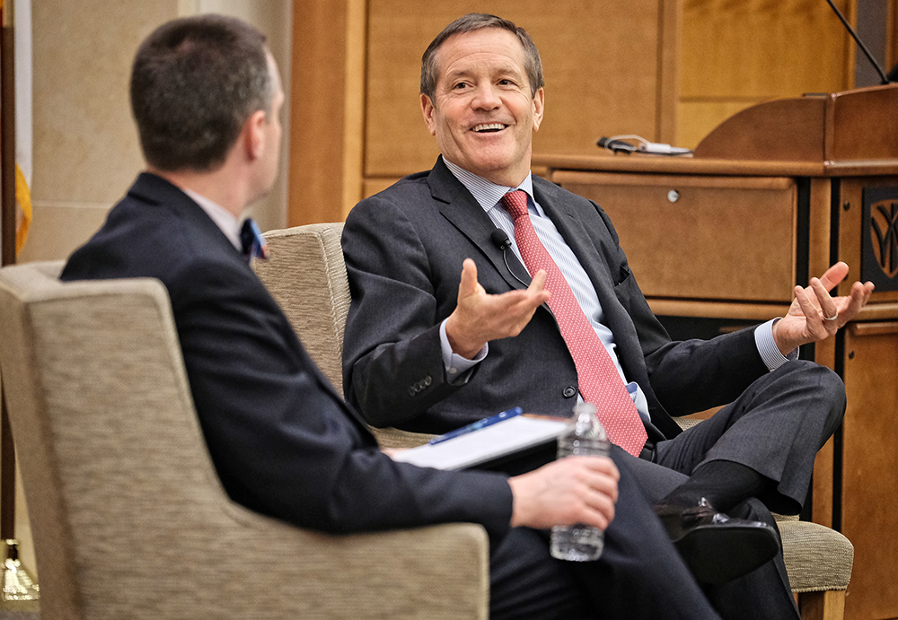 Taft (right) having a candid conversation, moderated by Wake Forest University School of Business professor Matthew Philips on April 2 in North Carolina.