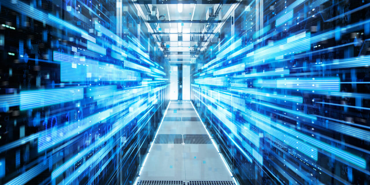 Abstract image of a corridor in a data center full of rack servers and computers with blue neon visual projection of data transmission