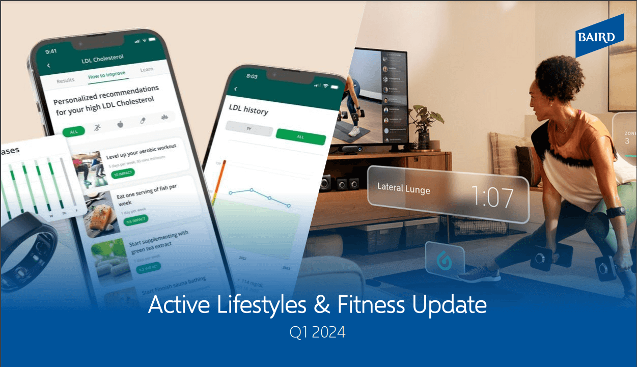 Collage showing mobile phones with fitness apps being used by a person working out in their home and the words, 'Active Lifestyles and Fitness Update Q1 2024'