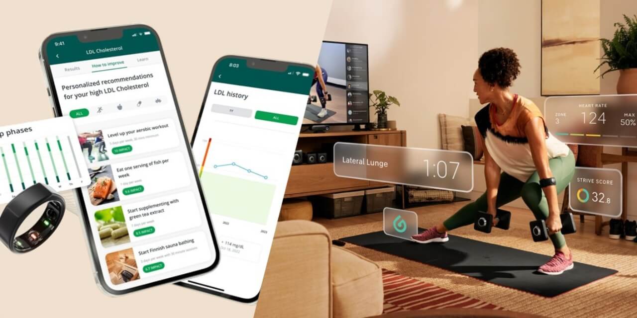 Collage showing mobile phones with fitness apps being used by a person working out in their home 