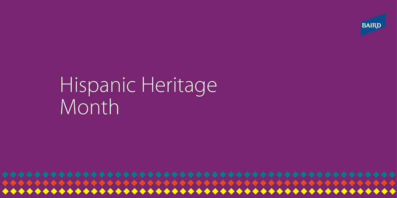 Purple graphic featuring the words, "Hispanic Heritage Month" and three diamond dotted lines at the bottom in blue, fushia, and yellow along the bottom.