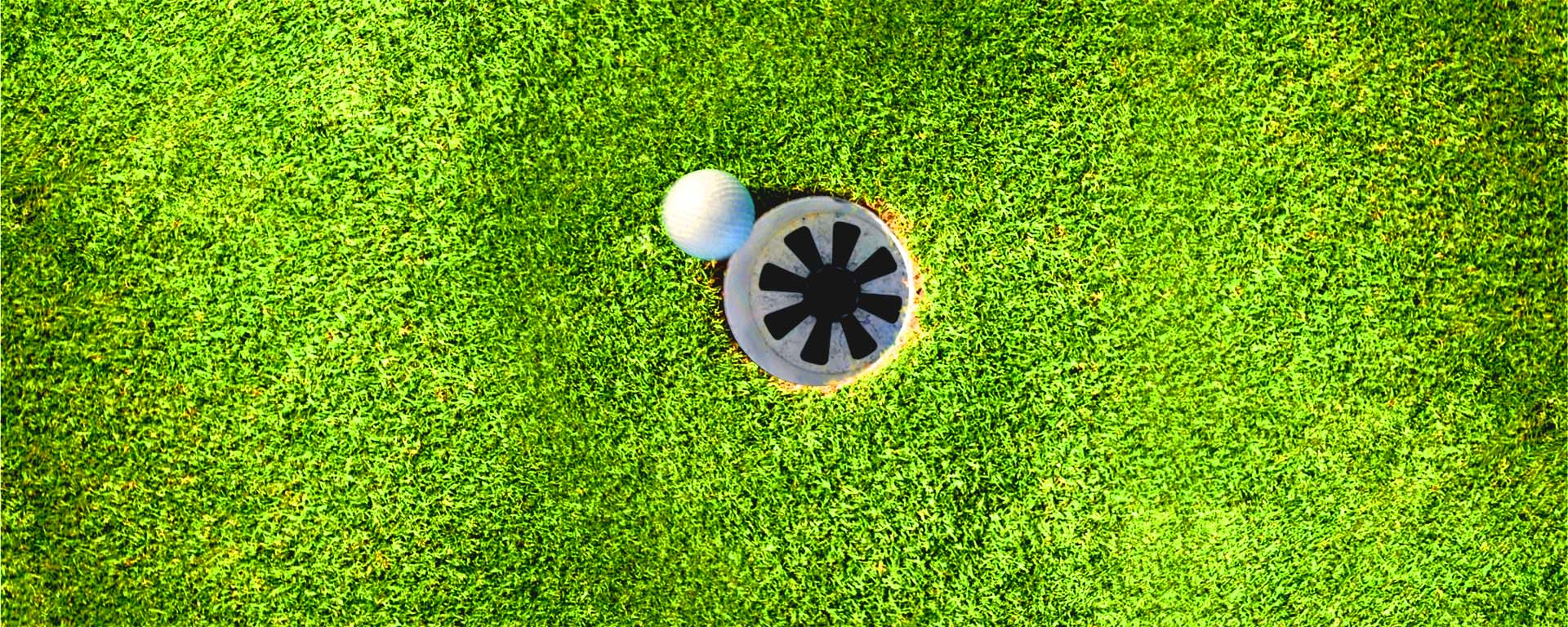 Golf ball near hole in green.