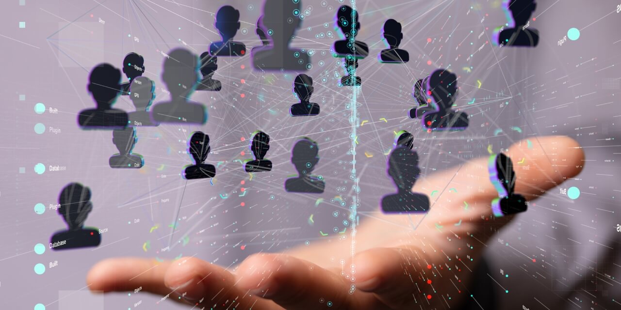 abstract image of an open hand below icons of people and network graphics