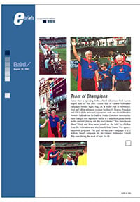 Image of a newsletter featuring Fred Kasten in a superhero cape at a baseball game