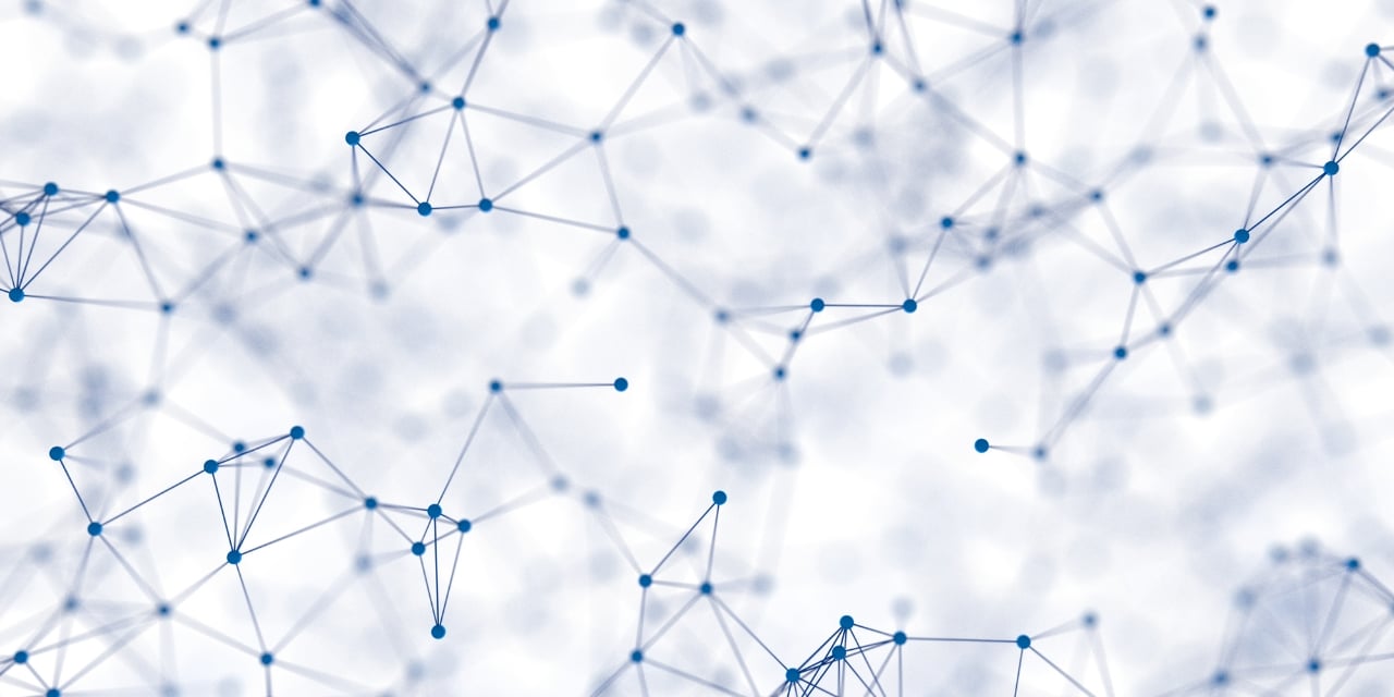 Abstract web of blue dots and lines on white background, resembling a molecular or tech network.