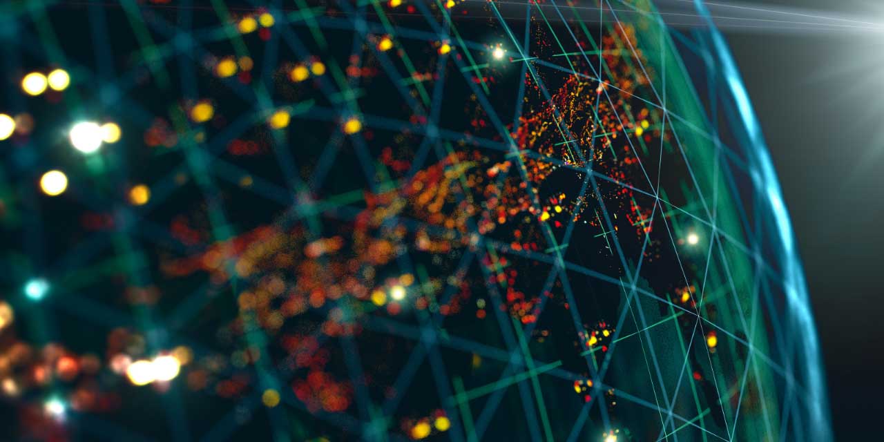 Abstract globe with glowing data points and network lines representing global digital connectivity.