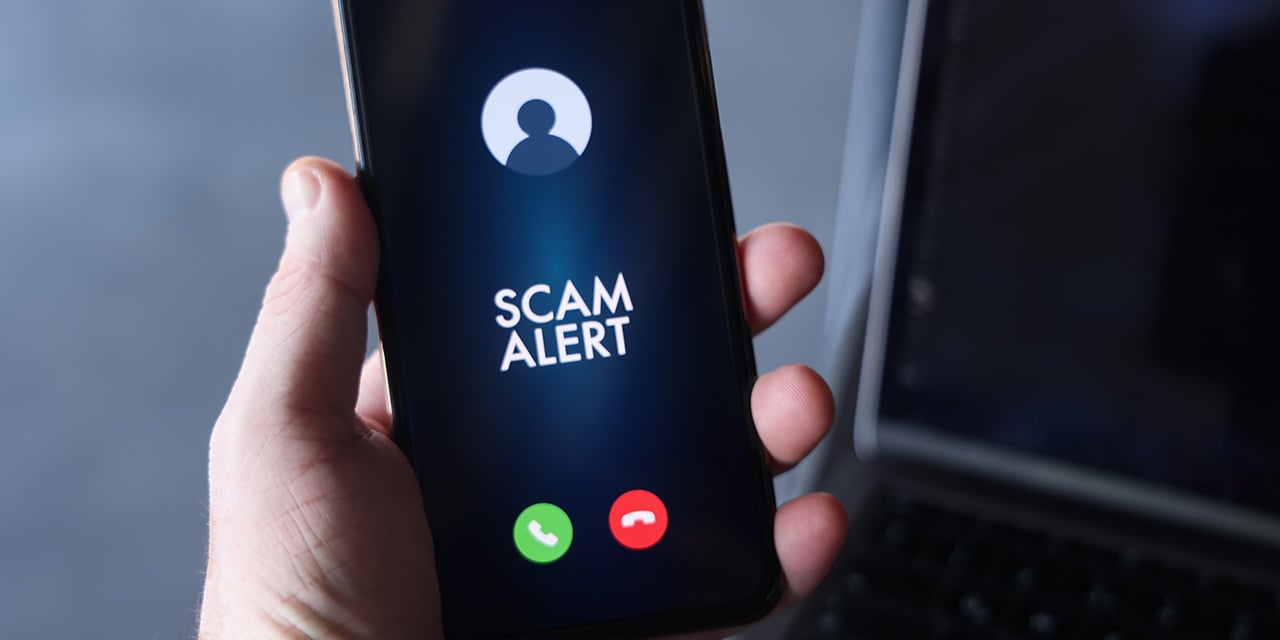 Hand holding cellphone with the text scam alert on the screen.