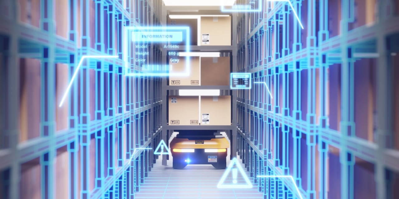 Automated warehouse with technology icons superimposed on image.