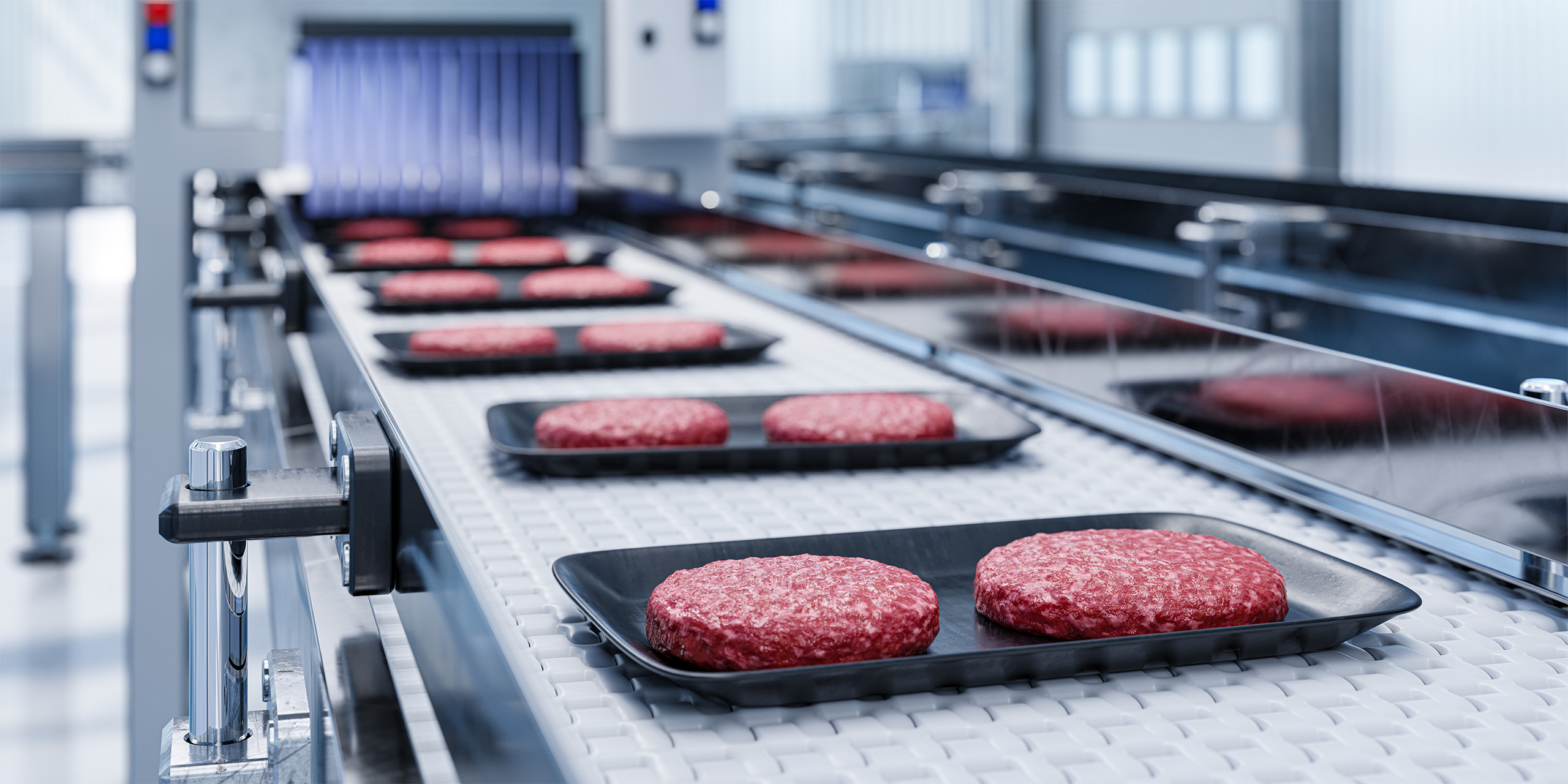 meat patties in styrofoam plates on a conveyer belt in a food production facility