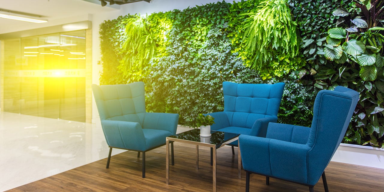 Three blue chairs and a table in front of a leaf covered wall.