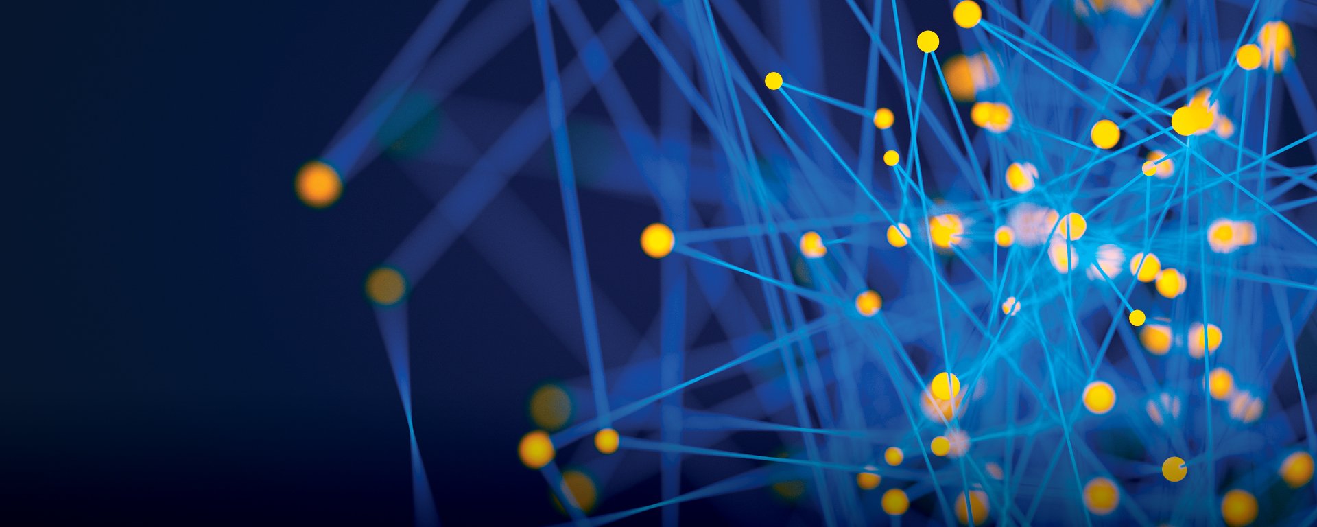 Abstract graphic with overlapping, light blue lines connecting scattered, glowing yellow dots in a network