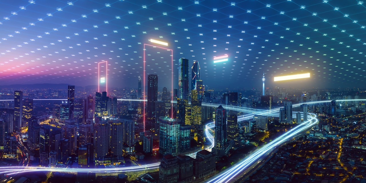 Futuristic image of a city with technology illustrations overlaid