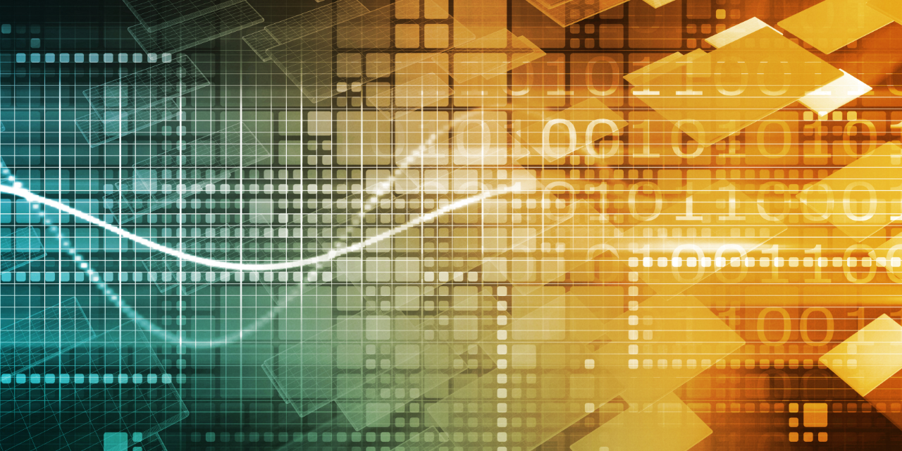 Abstract financial data analytics graphic with rising line chart, grids, arrows, and binary patterns in blue and gold.