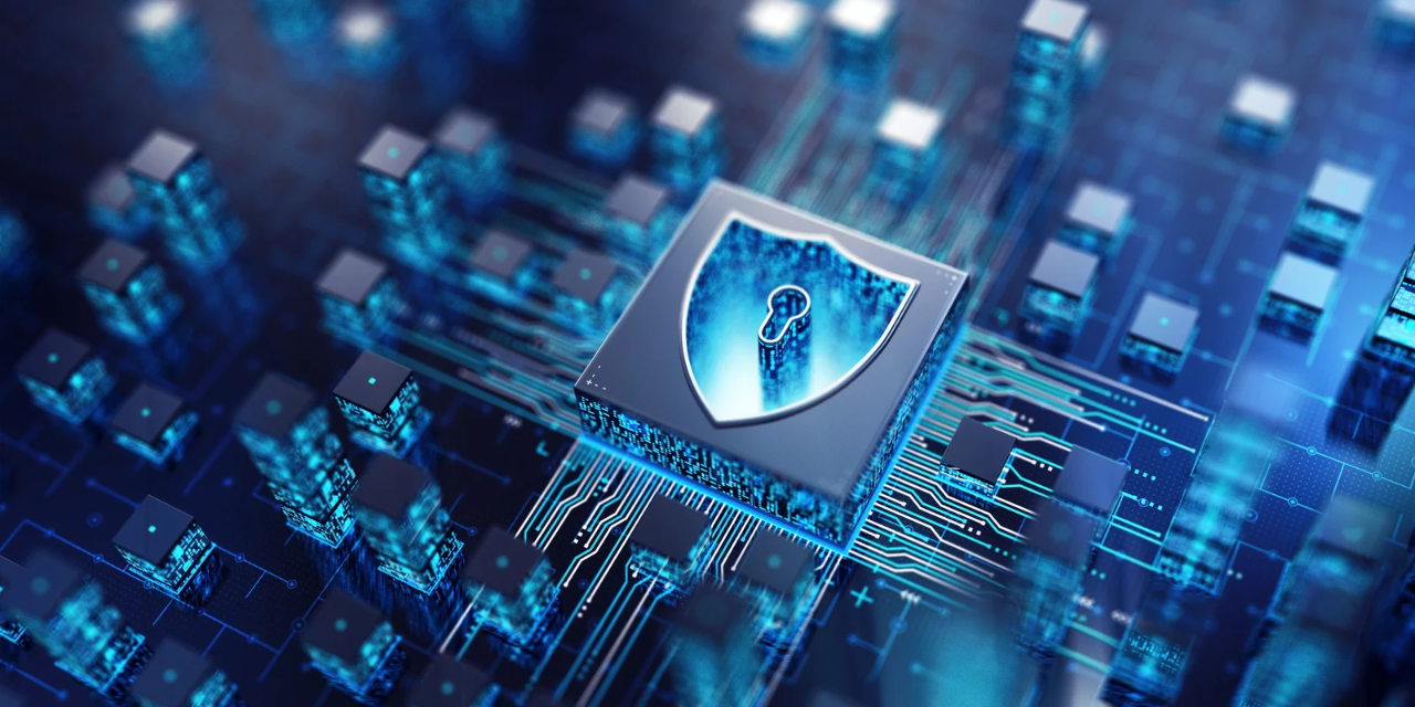 Shield icon on a microchip surrounded by illuminated circuit pathways on a digital network board