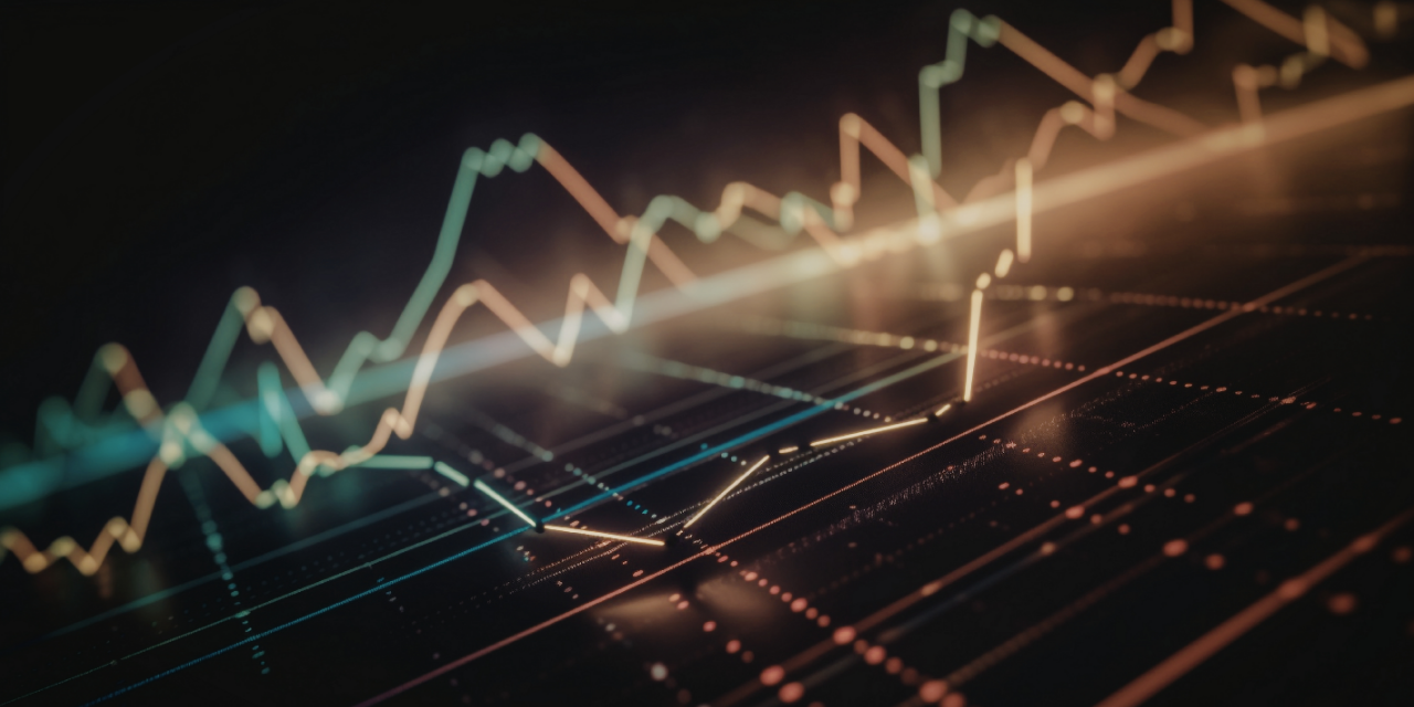 Abstract financial chart with rising and falling trend lines on a dark digital grid.