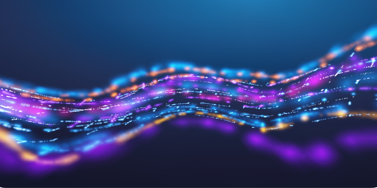 Abstract flowing data waves in blue and purple, representing secure financial data, analytics, and digital connectivity.