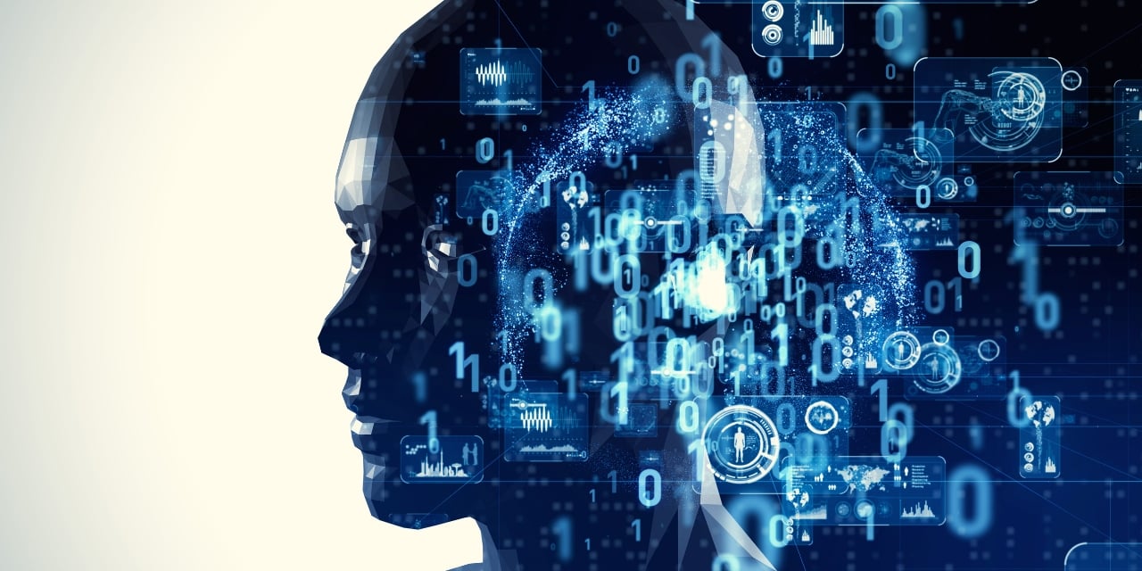 Silhouette overlaid with digital data and analytics graphics representing AI‑driven insights in financial technology.