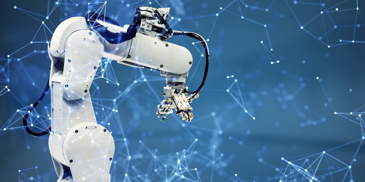 Industrial robotic arm with digital network overlay, symbolizing AI automation and data-driven operations in financial services.