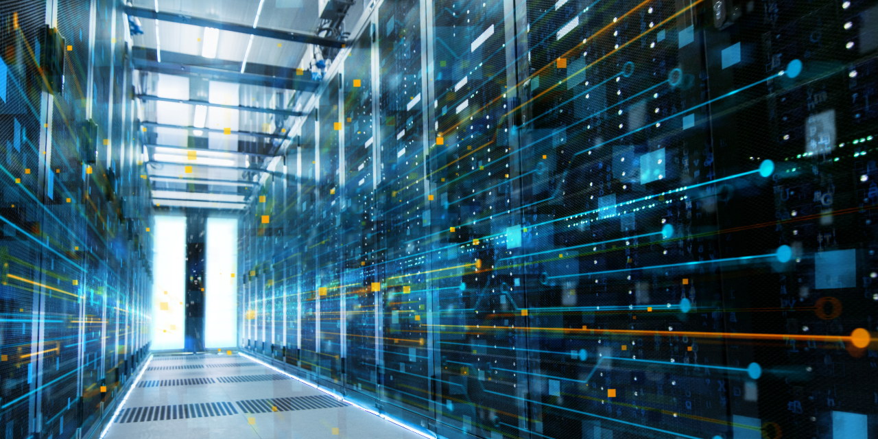 Data center corridor with illuminated server racks and digital lines representing secure, high‑speed financial data flow.