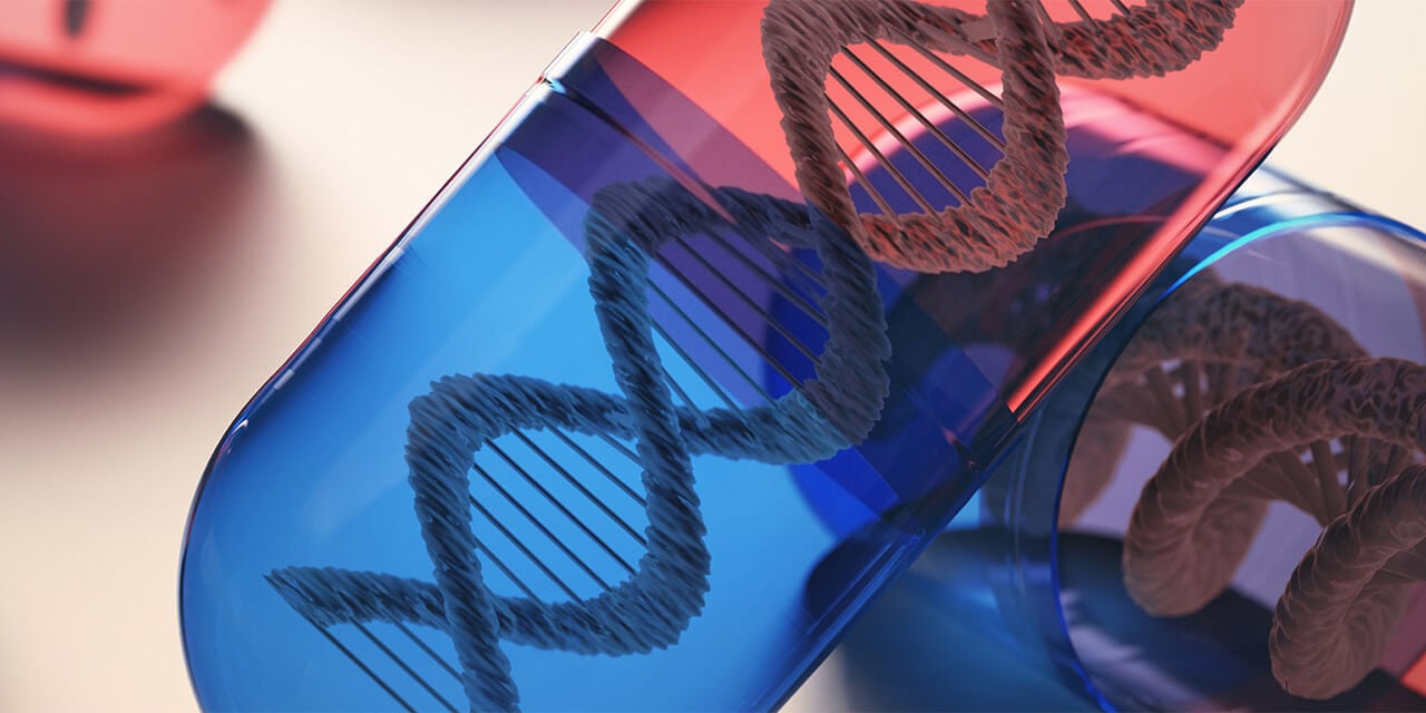 Abstract graphic of a DNA strand inside a blue and red capsule