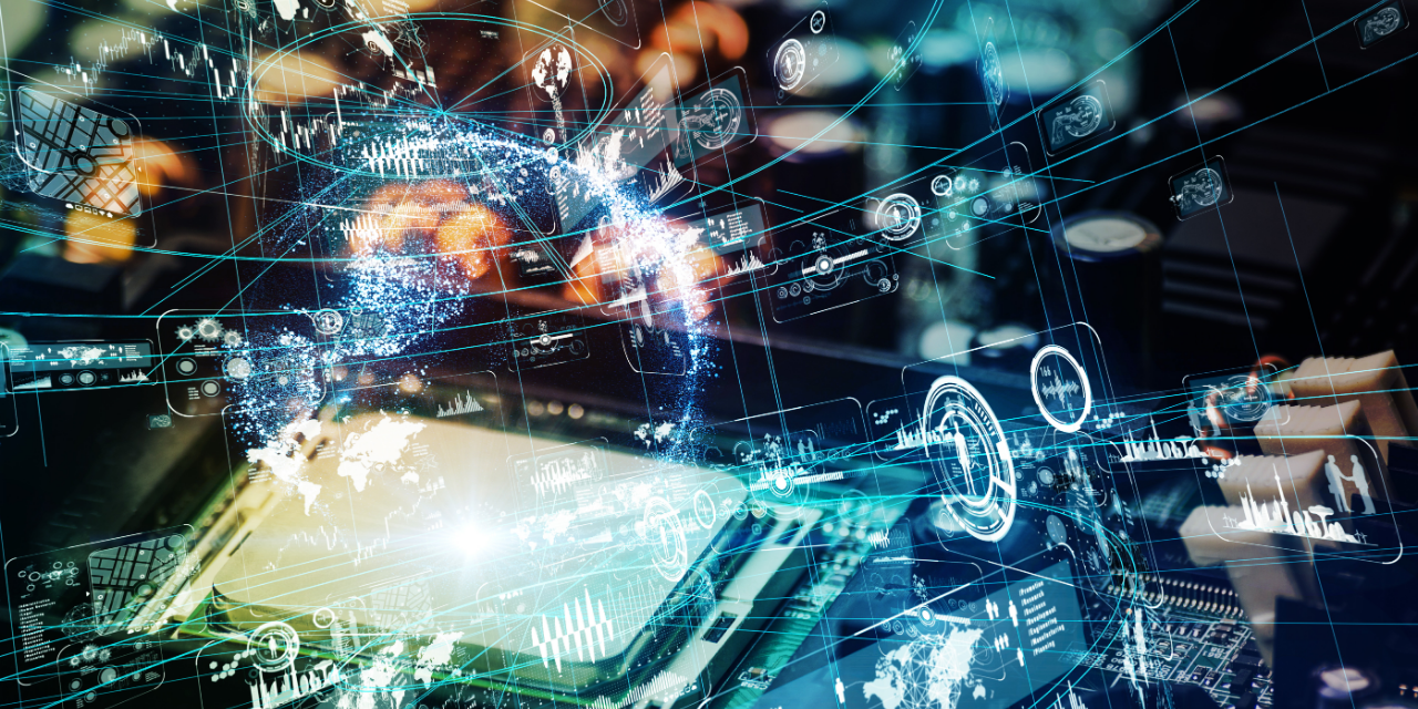 Digital interface with data charts, global network imagery, and hands interacting with technology.