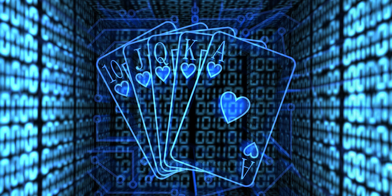 Outline of playing cards laid over digital technology background.