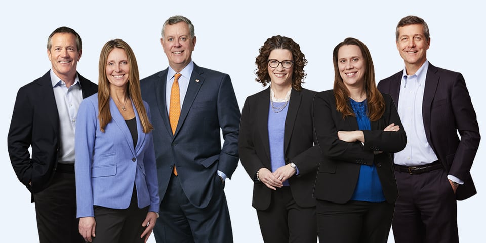 Composite graphic featuring Baird Private Wealth Management leadership John Taft, Laura Callahan, Erik Dahlberg, Katie Costigan, Laura Thurow and Mike Schroeder