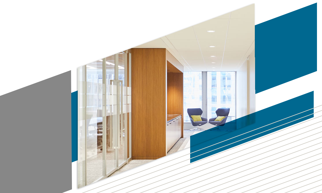 A photo of Baird's Milwaukee office interior with diagonal lines around it