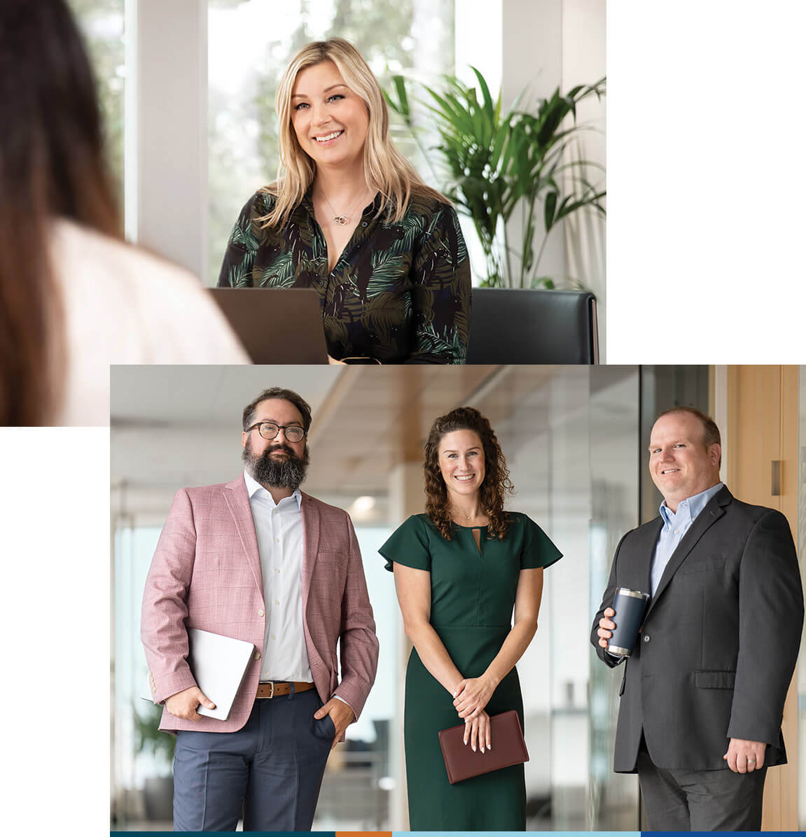 Two images featuring four Corporate Resource Group associates in office settings