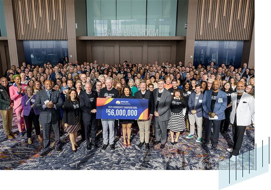 A large group of Baird associates and United Way representatives holding a banner reading 2025 Community Campaign Goal 56MM at the 2025 campaign kickoff event at Baird Center in Milwaukee