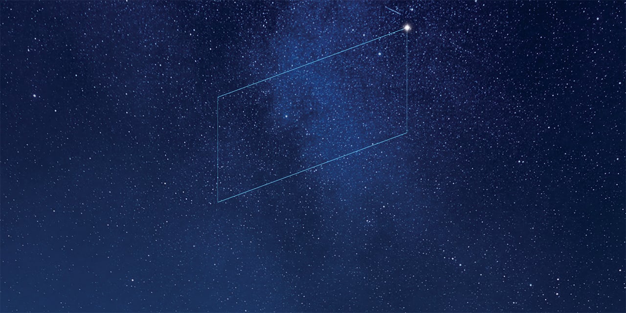 Starry night sky with a faint constellation in the shape of the Baird logo