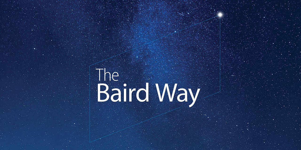 Starry night sky with a faint constellation in the shape of the Baird logo and the words The Baird Way