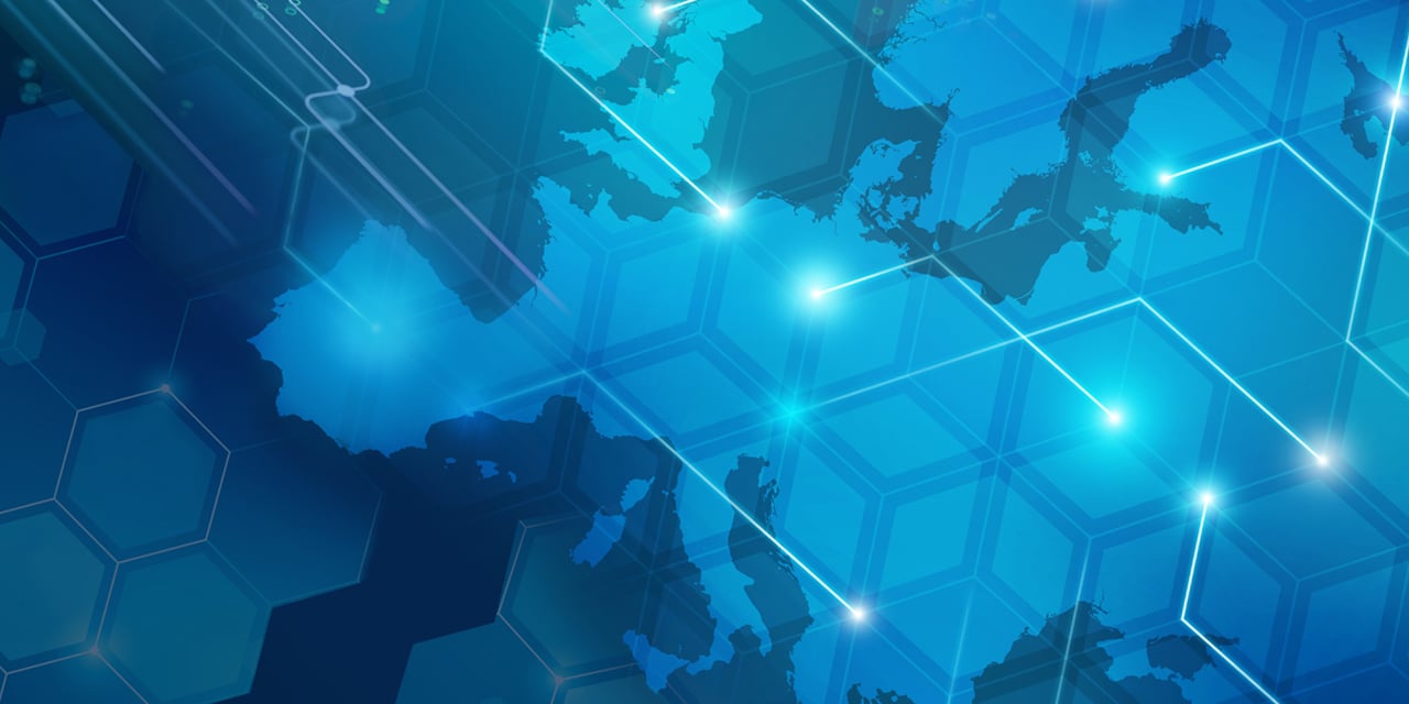 Abstract image a a world map with digital connections overlay in blue