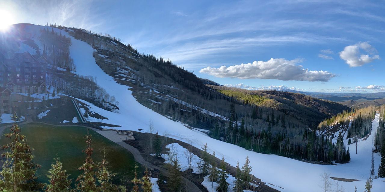 A snow‑covered mountain slope with scattered evergreens under a bright sky and distant rolling hills.
