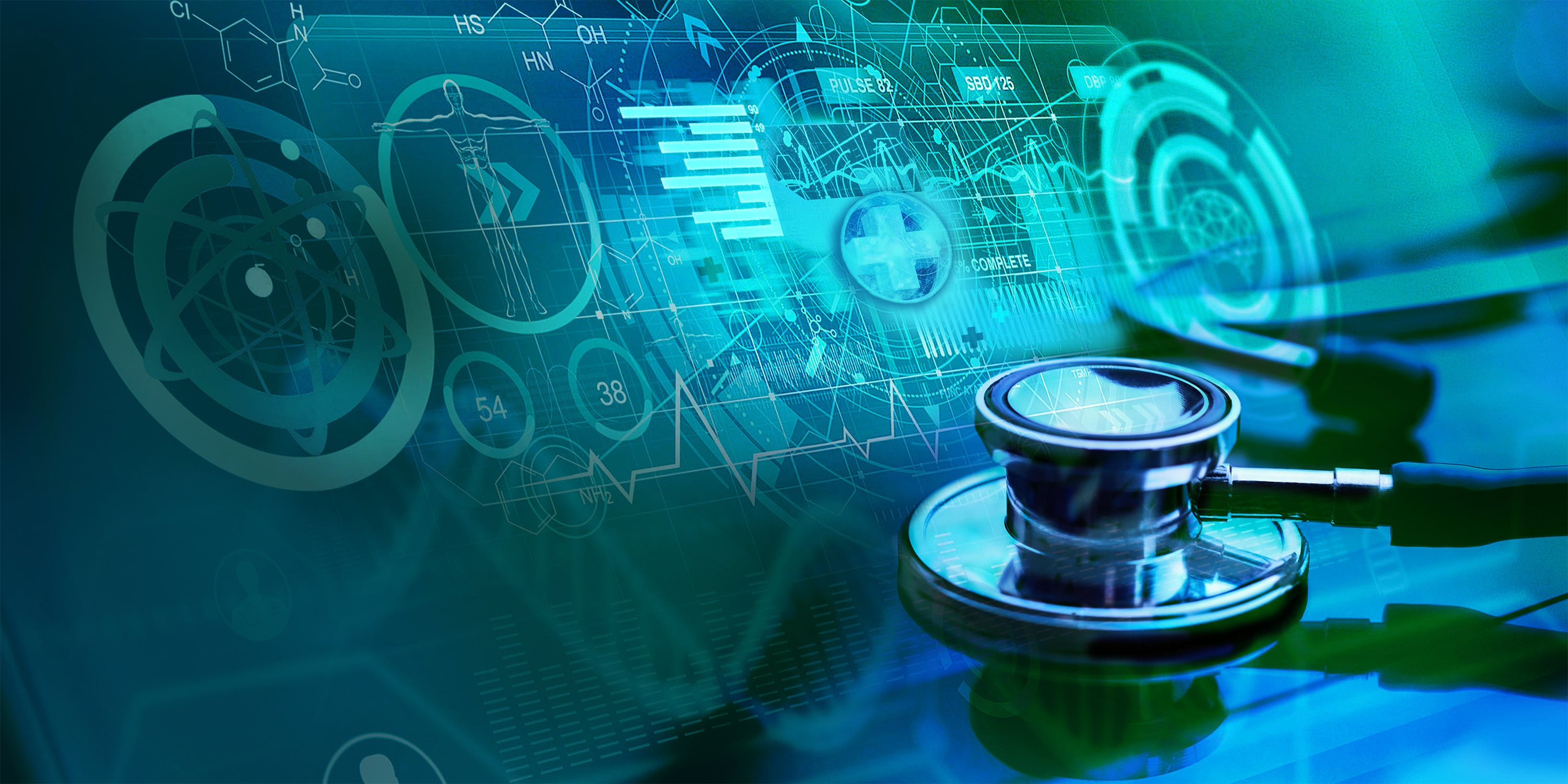 abstract image of a stethoscope in front of a collage of technical and medical graphics