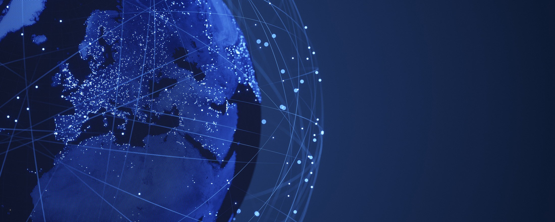 digital globe showing Europe with connected network lines on a dark blue background