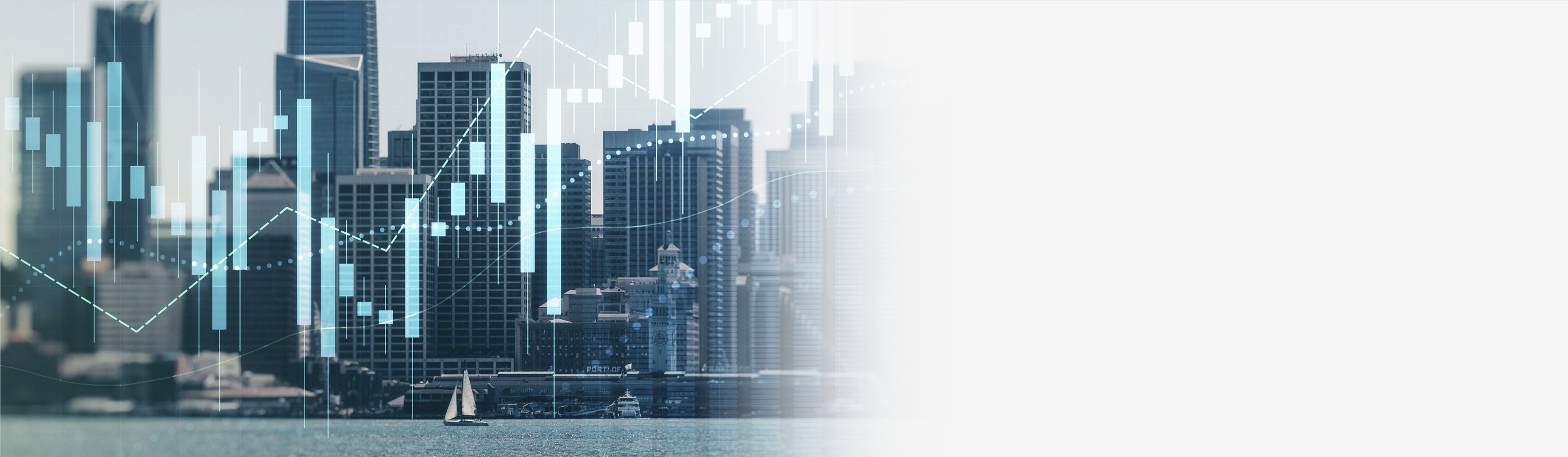 City skyline with a bar graph overlay and fading to white on the right side of the image.