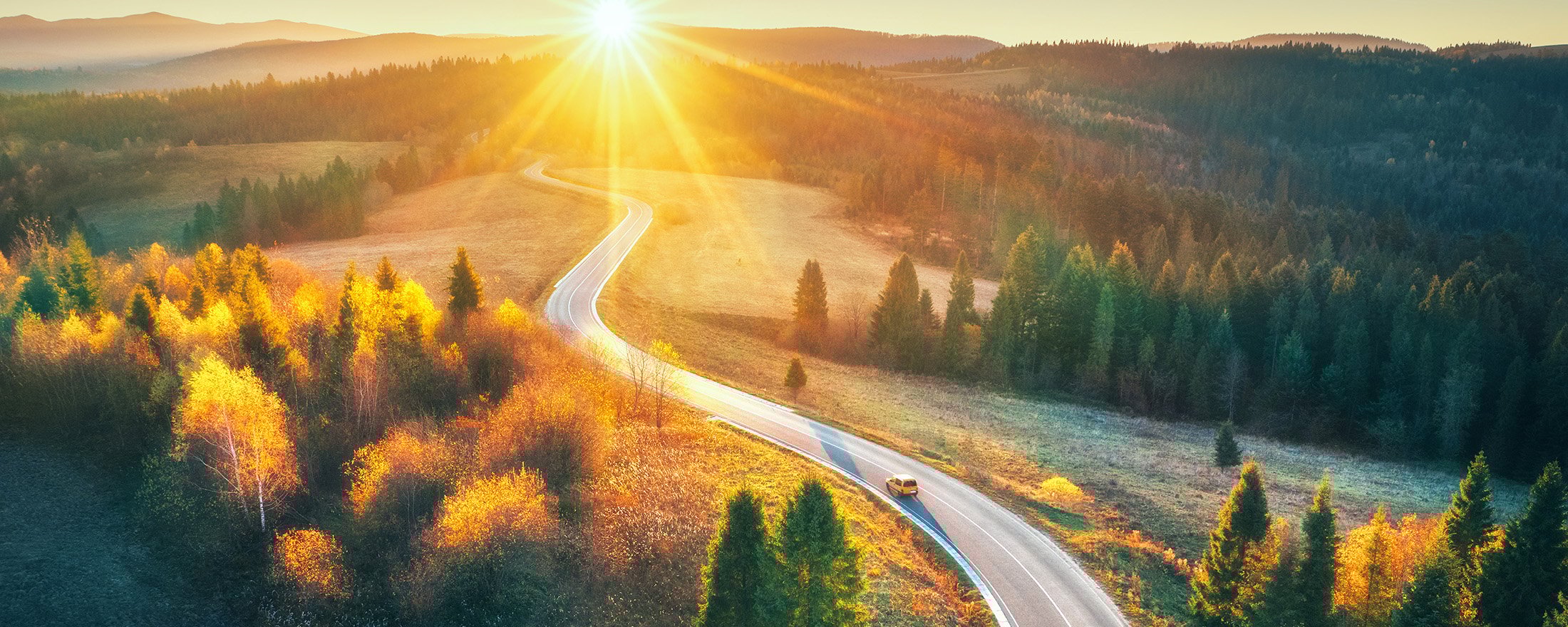 Sunlit winding road through autumn hills and forests, suggesting a forward-looking financial journey.